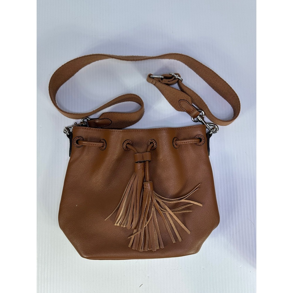 J. Jill Cognac Brown Pebbled Leather Drawstring Bucket Bag Tassel Crossbody